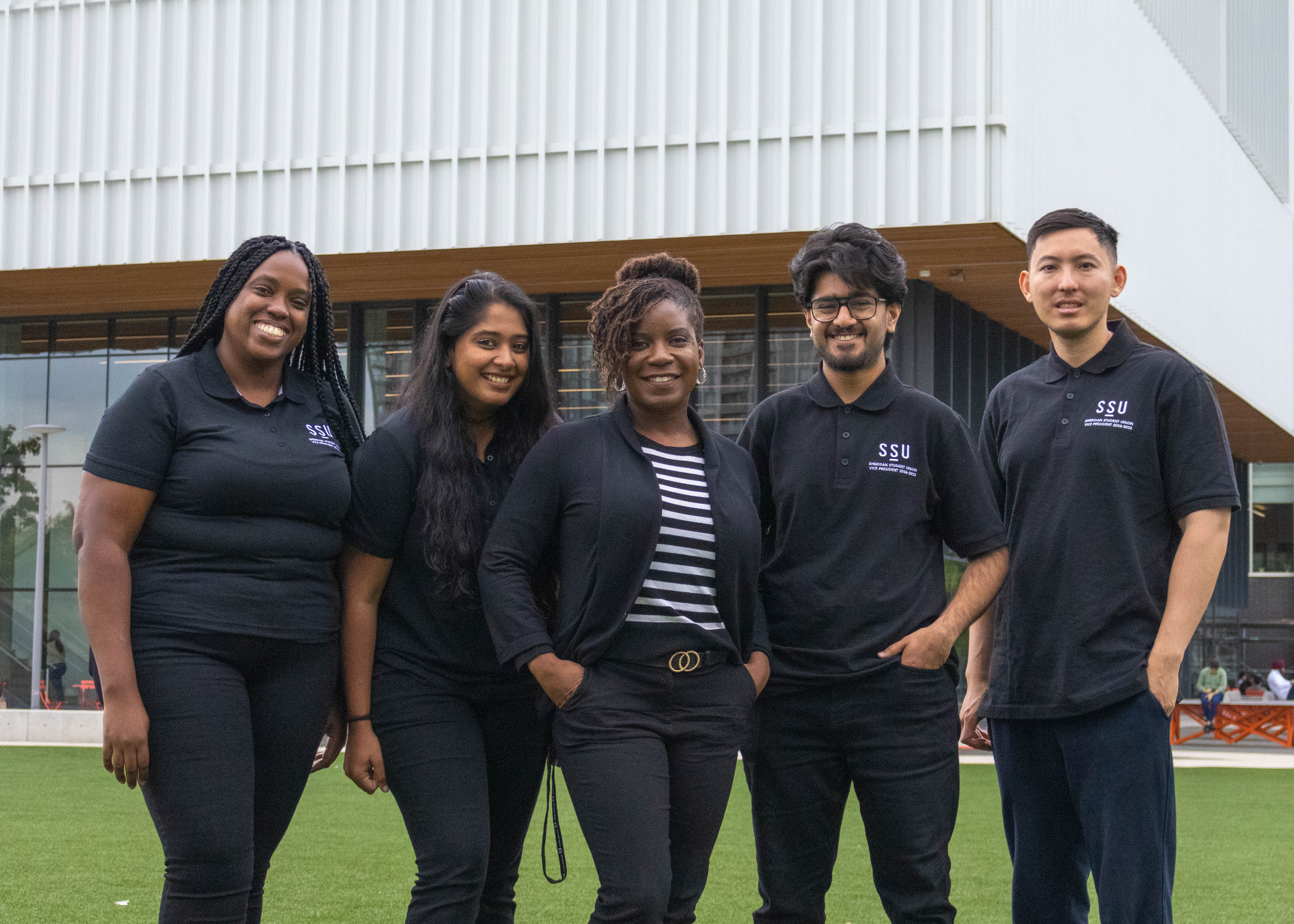 SSU President, Ganyo Soh stands alongside her VP team outside of the Student Centre at Sheridan's Hazel McCallion Campus