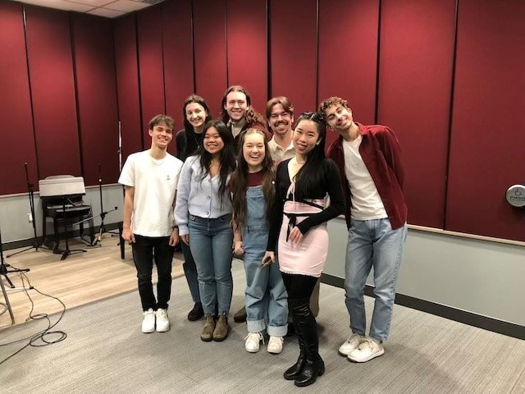 Bachelor of Musical Theatre Performance students Julia Maclean, Eden Chiam, Zac Ellis, Aiden Glenn, Tanner Hamlin, Belle Lemieux-Chan, Nathan Piasecki and Josephine Smith in recording student for song 'In December'