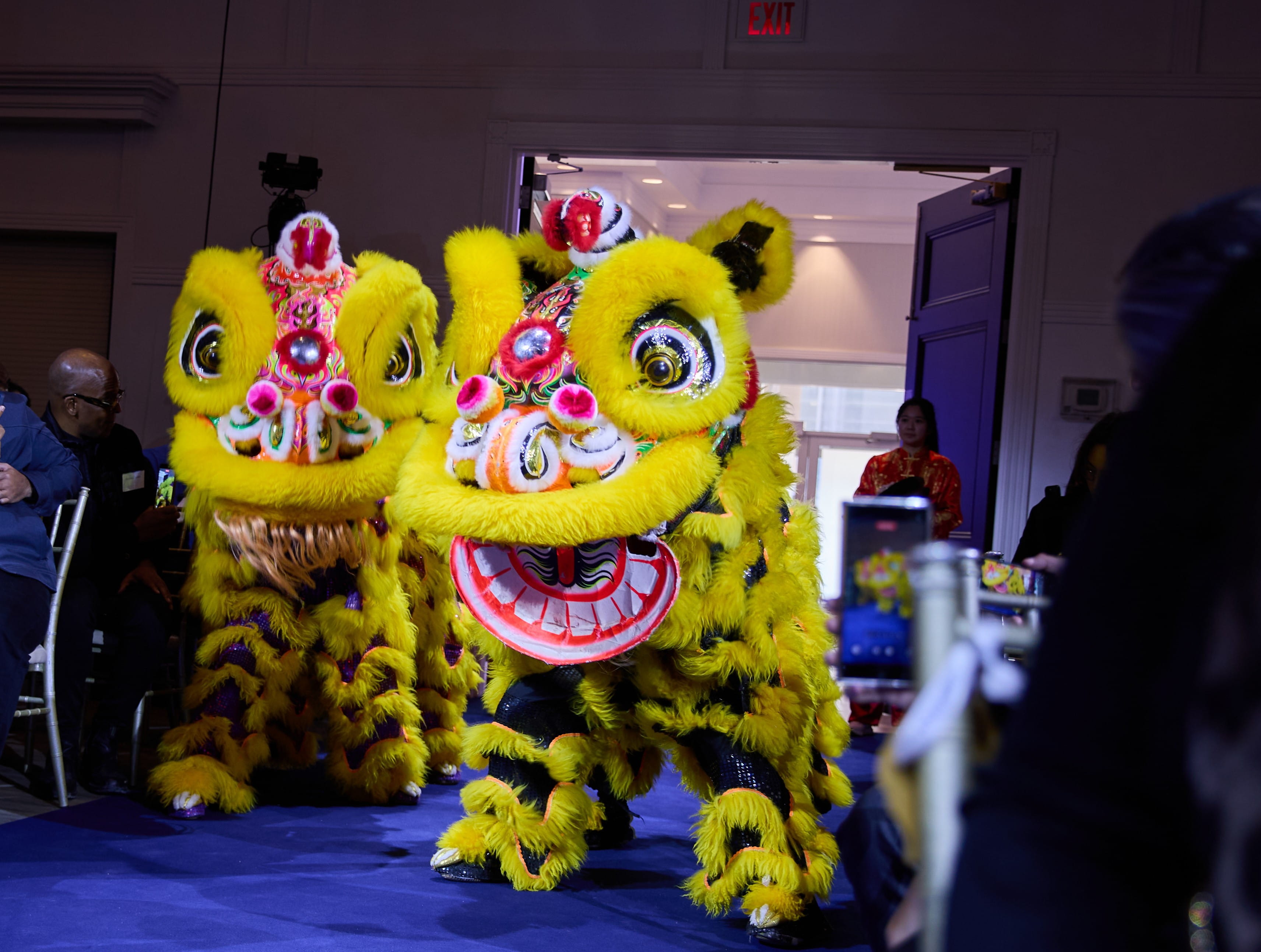 Two costumed lion dancers march down the aisle.