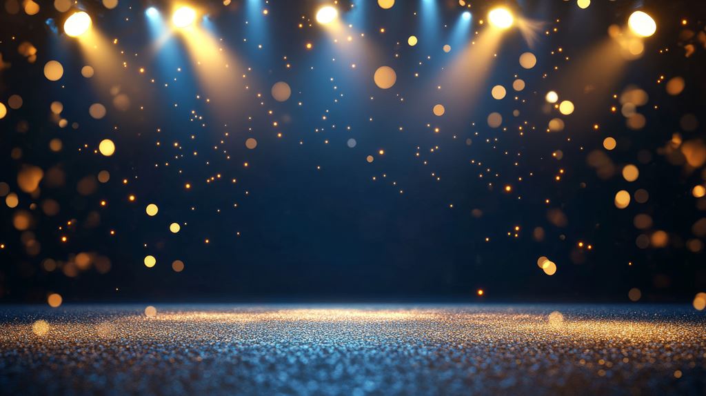 A dark blue stage with golden spotlights and glitter.