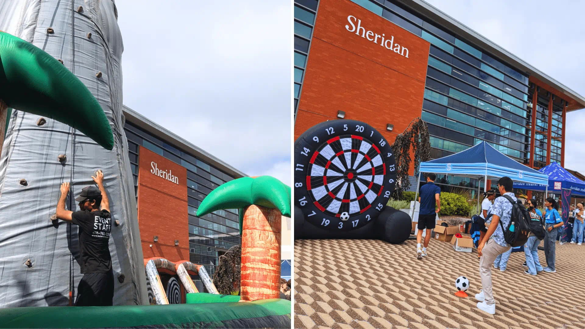 An inflatable rock climbing wall and large soccer dart board outside of Sheridan's Trafalgar Road Campus as part of its New Student Orientation