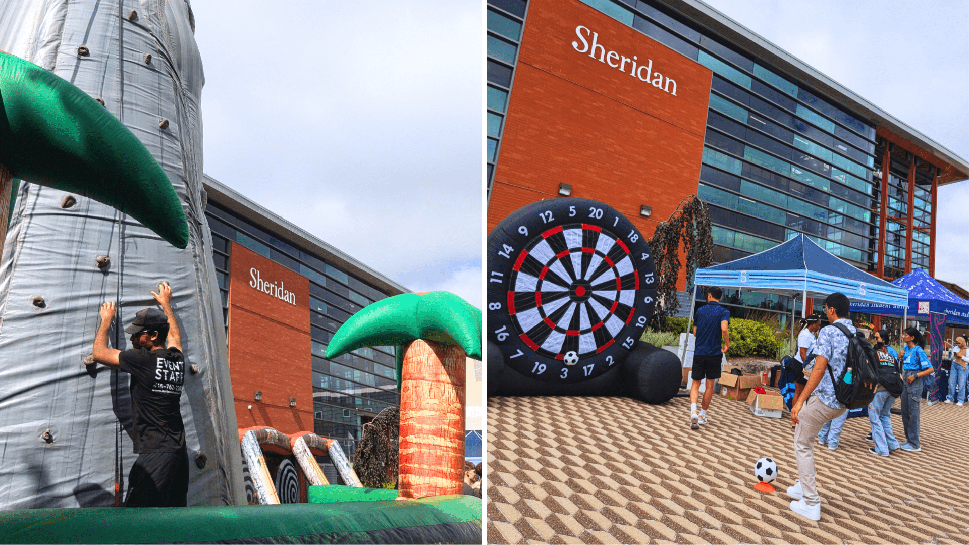 An inflatable rock climbing wall and large soccer dart board outside of Sheridan's Trafalgar Road Campus as part of its New Student Orientation