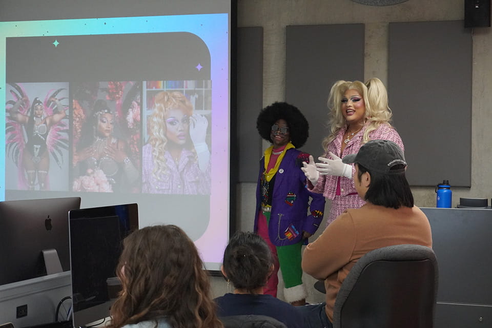 Manny Dingo (left) and Guy Anabella (right) introducing their drag personas to participants at the Build Your Own Drag Character Workshop