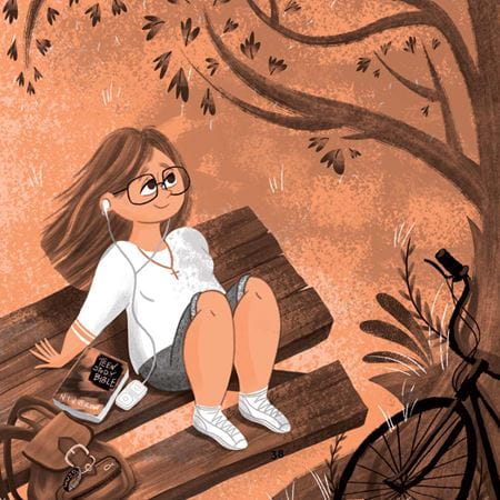 Illustration of teen sitting on a picnic table and listening to an iPod. A Teen Study Bible is sitting on the table.
