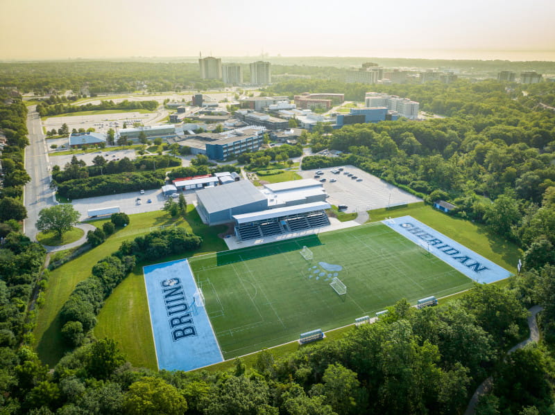 An aerial view of Sheridan's artificial turf soccer field at Trafalgar Road Campus