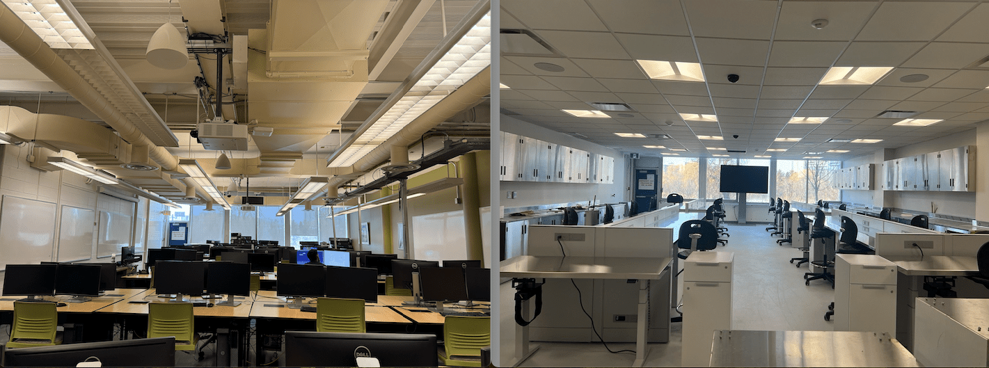 a side-by-side before and after view of a former computer lab converted into a veterinary technician lab