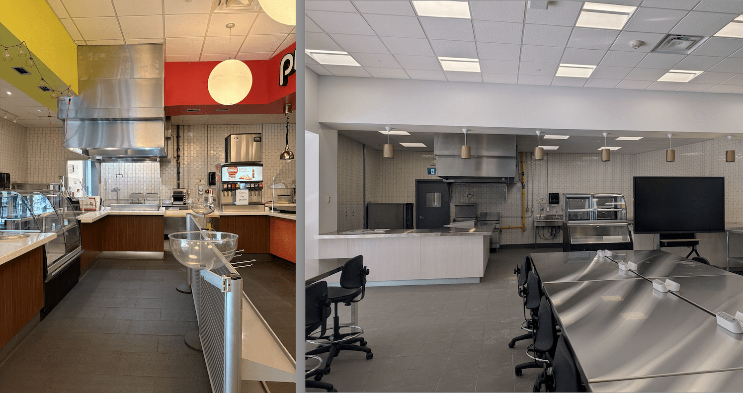 A side-by-side before and after view of a cafeteria space converted to a nutrition and food services classroom