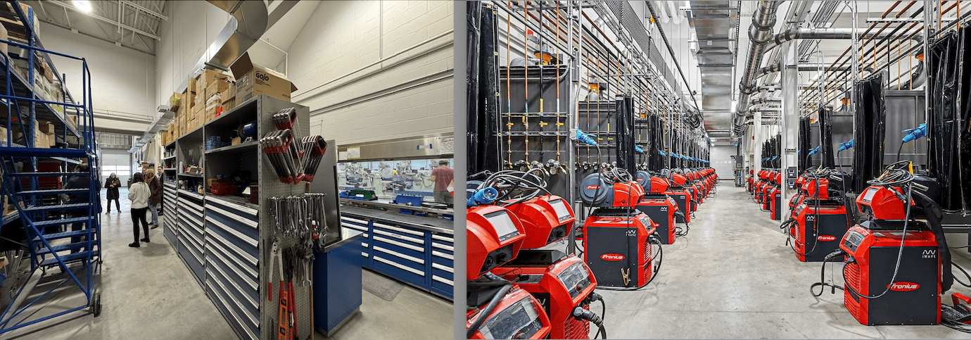 A side-by-side before and after view of Sheridan's former tool crib space that was converted into a welding lab