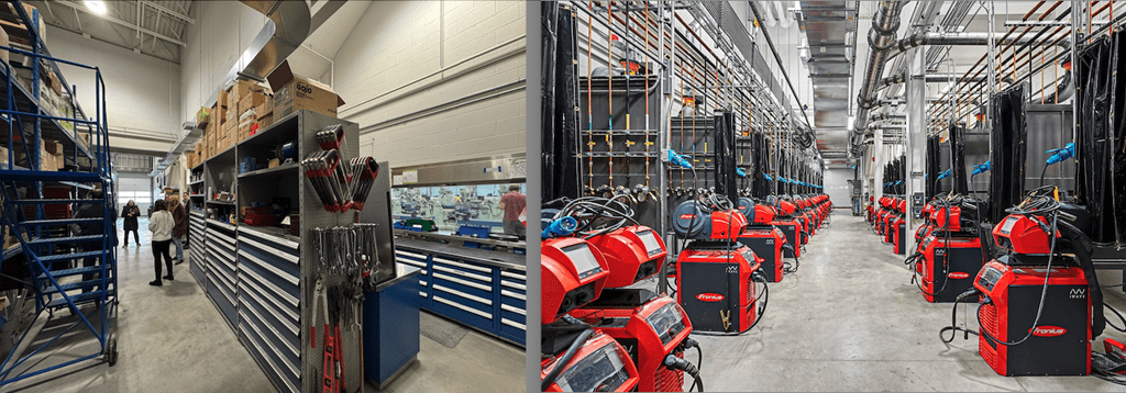 A side-by-side before and after view of Sheridan's former tool crib space that was converted into a welding lab