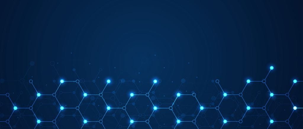An illustration of light blue hexagons connected across a dark blue background to represent chemistry