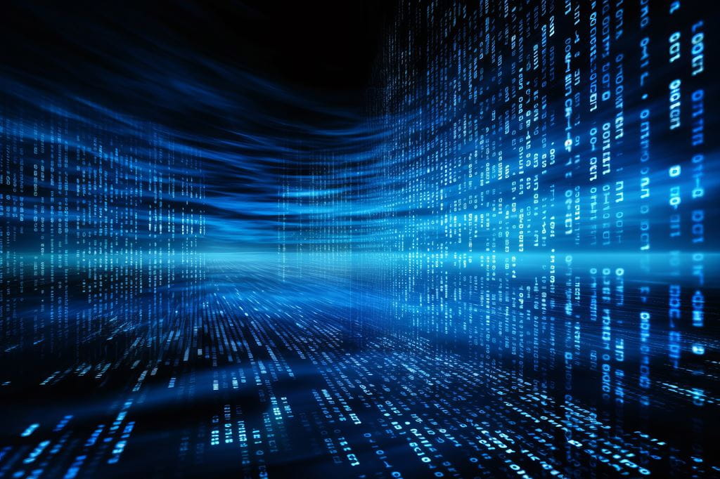 Blue digital binary data on computer screen background