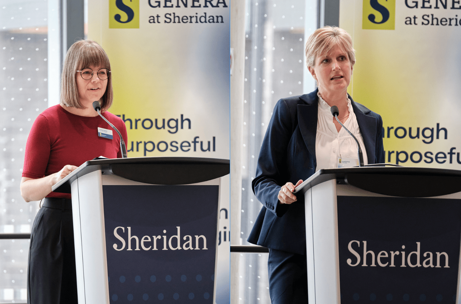 Separate photos of Andrea England and Mary Vaughan speaking at a podium are displayed side by side