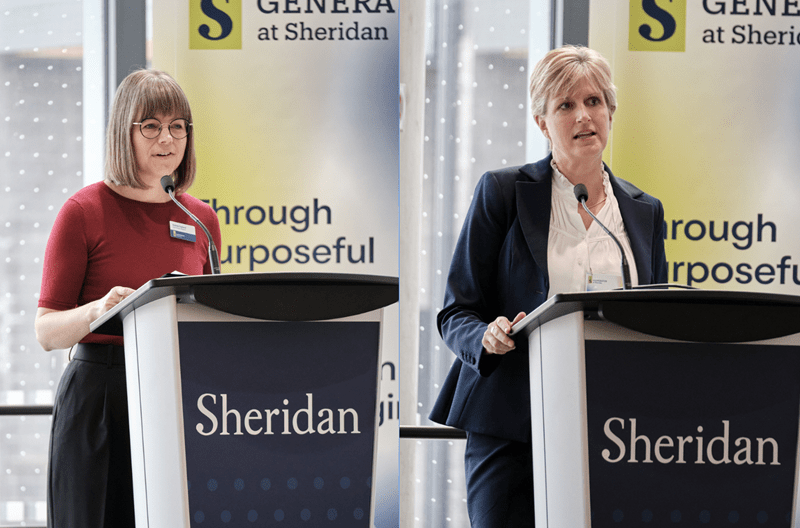 Separate photos of Andrea England and Mary Vaughan speaking at a podium are displayed side by side