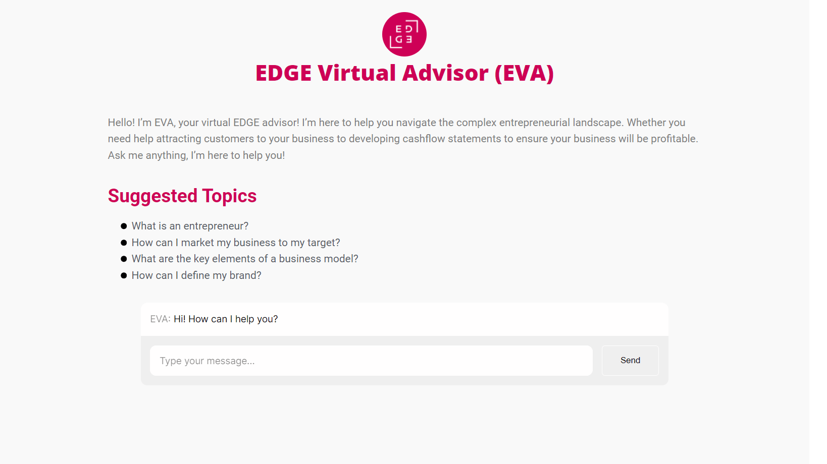 A screenshot of the EVA (EDGE Virtual Advisor) generative AI chatbot, which invites website visitors to ask questions and suggests topics