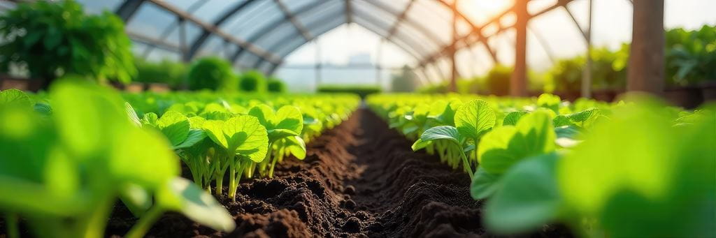 Green plants growing inside a greenhouse