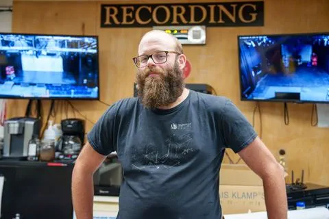 A portrait of Theatre Sheridan production manager Jon Grosz in a production workshop