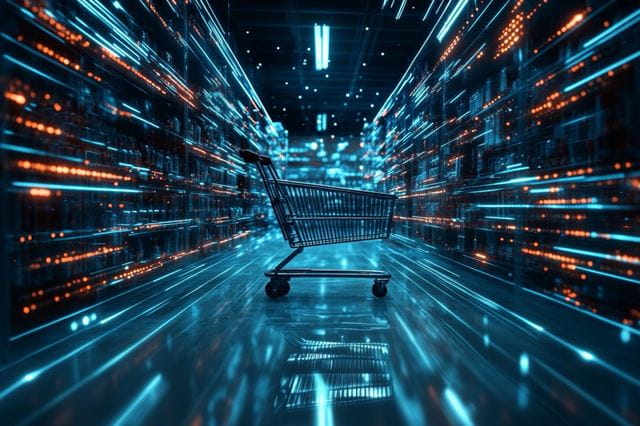 A graphic of a shopping cart within a digitized environment