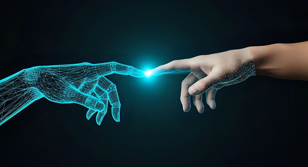 A digital index finger touches a human index finger to represent the use of technology to create digital humans