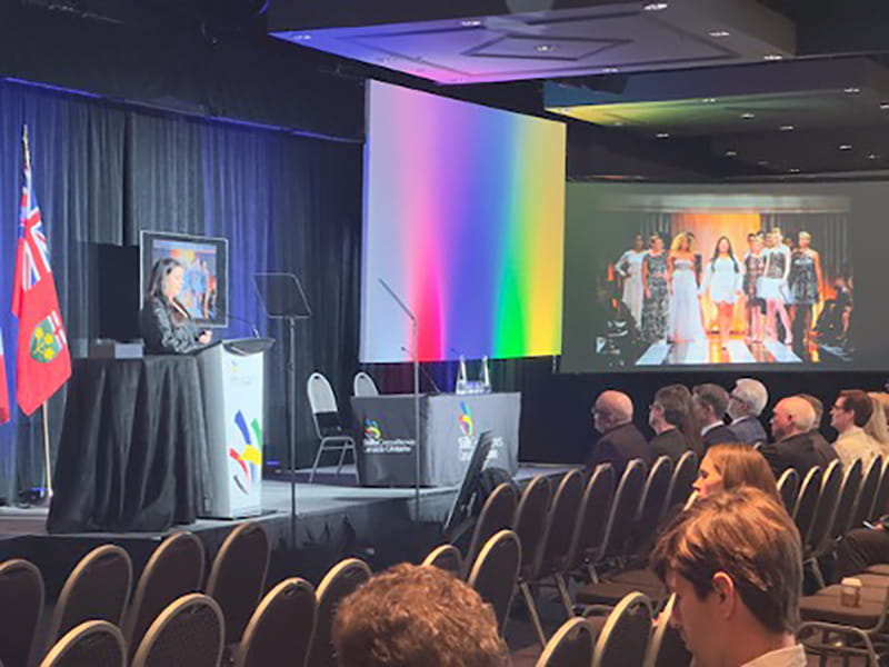 Sheridan Art & Art History graduate Lesley Hampton delivers a keynote address at the Skills Ontario Competition