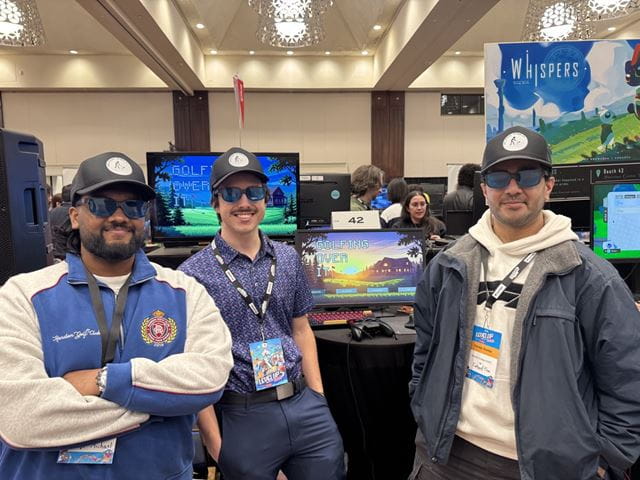 Three Sheridan students wear their anaglyph rendering glasses as they stand in front of their Golfing Over It video game display at Level Up