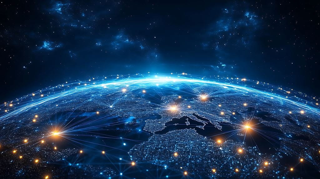 A graphic showing various lights across part of a globe, representing long-distance connections