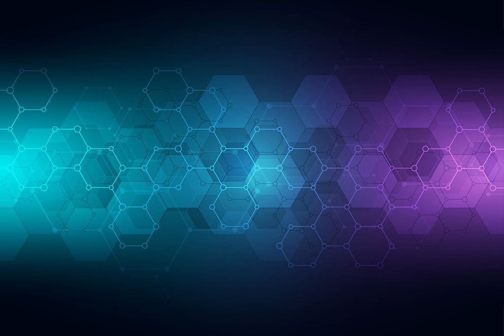 Abstract background of science and innovation technology. Technical background with hexagons pattern and molecular structures.