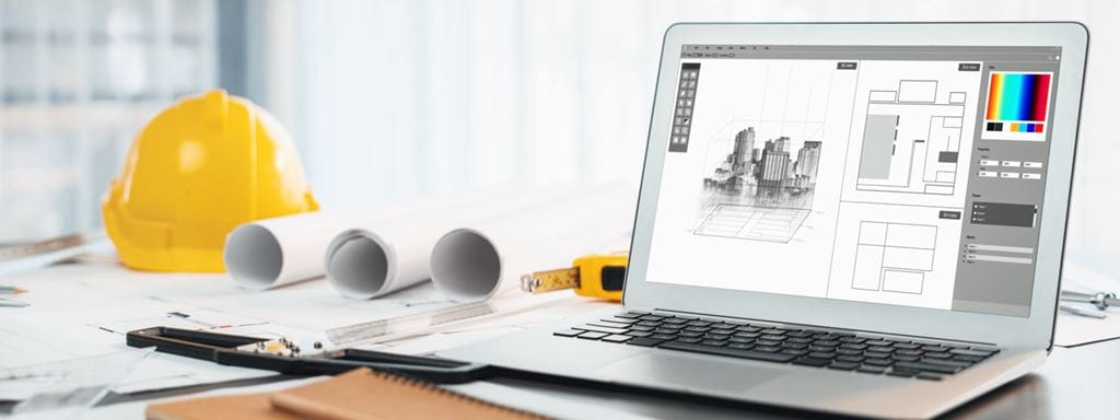 A yellow hardhat, blueprint scrolls and a laptop displaying architectural designs