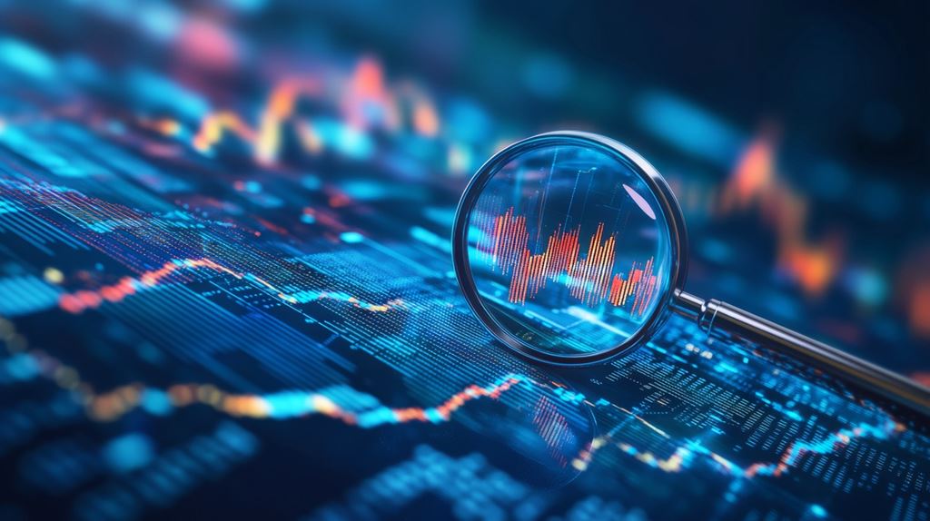 A magnifying glass on top of digital data, symbolizing data analysis