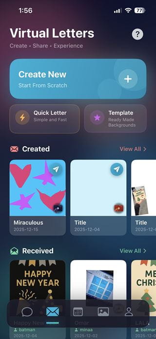 A screenshot of the DigitalSync mobile app, showing how the app allows users to send and receive virtual letters