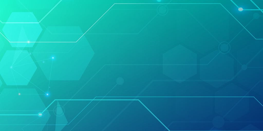 A green, turquoise and blue background with geometric shapes.