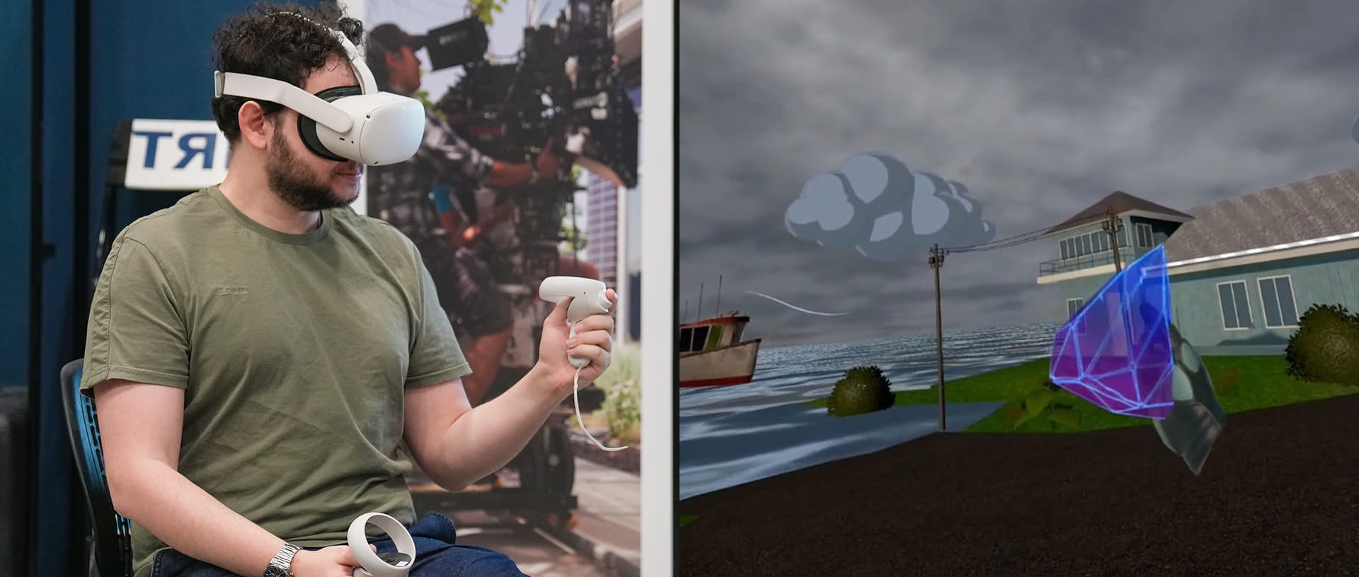 A man wearing goggles uses virtual reality equipment.