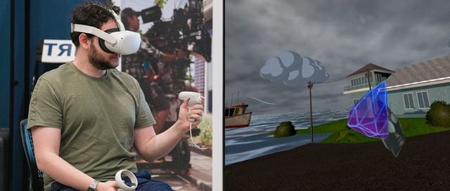 A man wearing goggles uses virtual reality equipment.