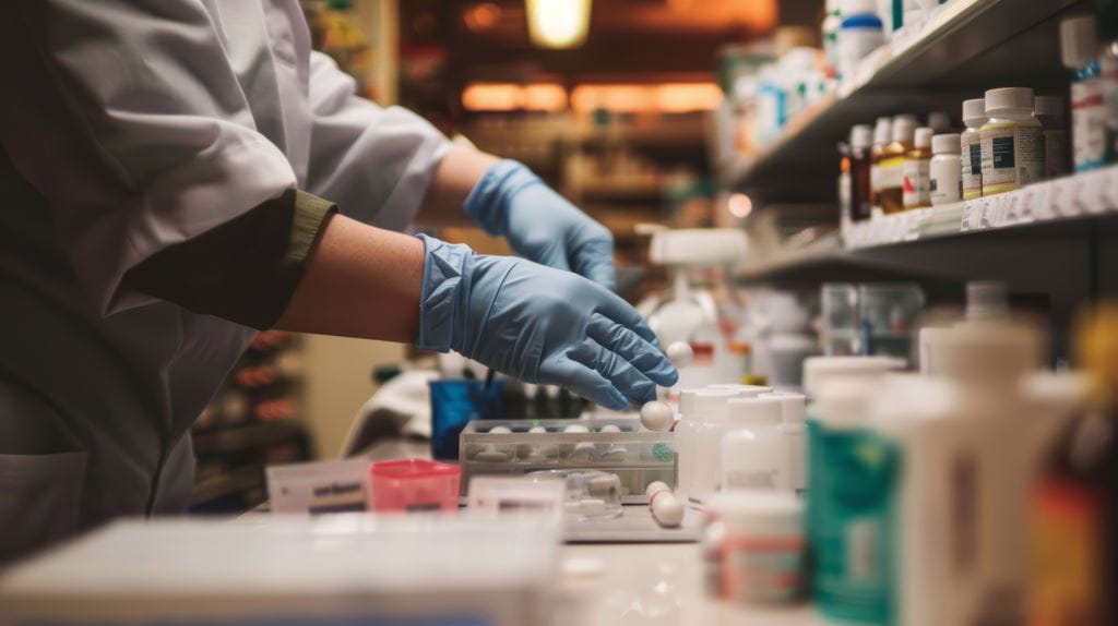 A person wears blue latex gloves while handling pharmaceutical products