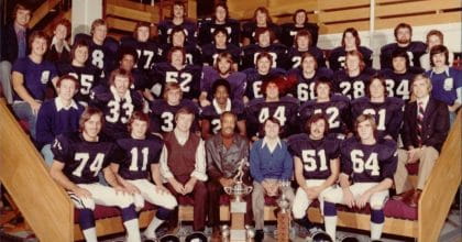 Sheridan Bruins championship football team (Ontario) for 1974-75 including coach Bernie Custis and athletic trainer Anne Hartley.
