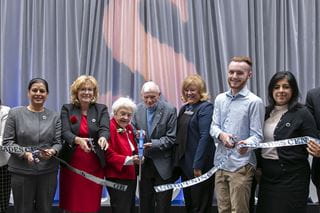 Photo of MPP Mangat, Mayor Jeffrey, Chancellor McCallion, Mr. Davis, Dr. Preece, Bryce Melvin, and The Hon. Harinder Malhi.