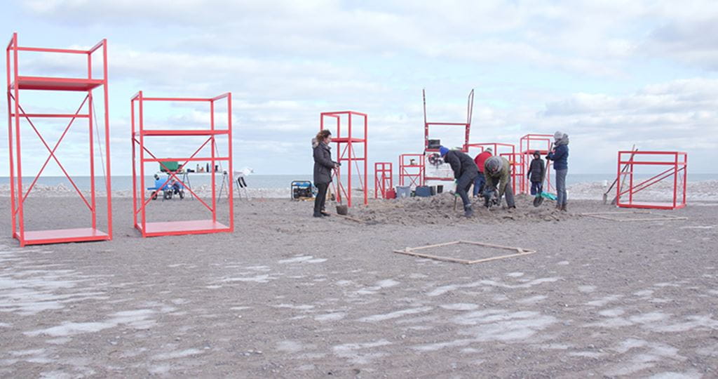 Sheridan students installing the Chairavan art piece for Winter Stations