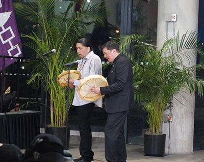 Photo of music performance by guest musician Gerry Parker and Sheridan’s Indigenous Wellness and Knowledge Keeper, Eddy Robinson