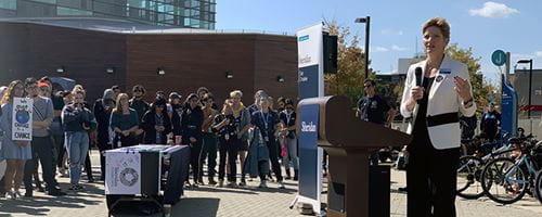 Janet Morrison speaking at the Trafalgar Campus climate change rally