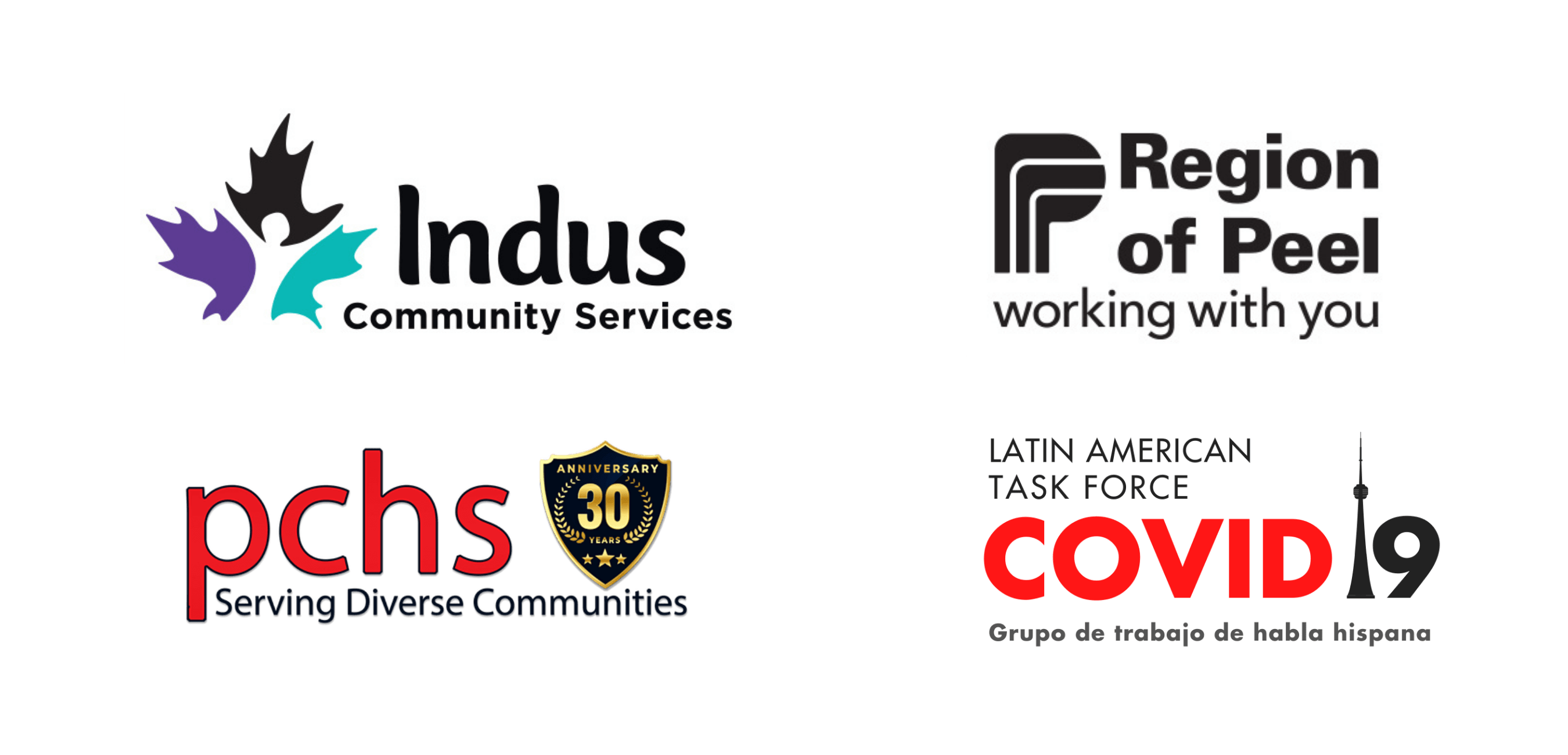Indus Community Services logo, Region of Peel logo, PCHS logo and Latin America Task Force logo