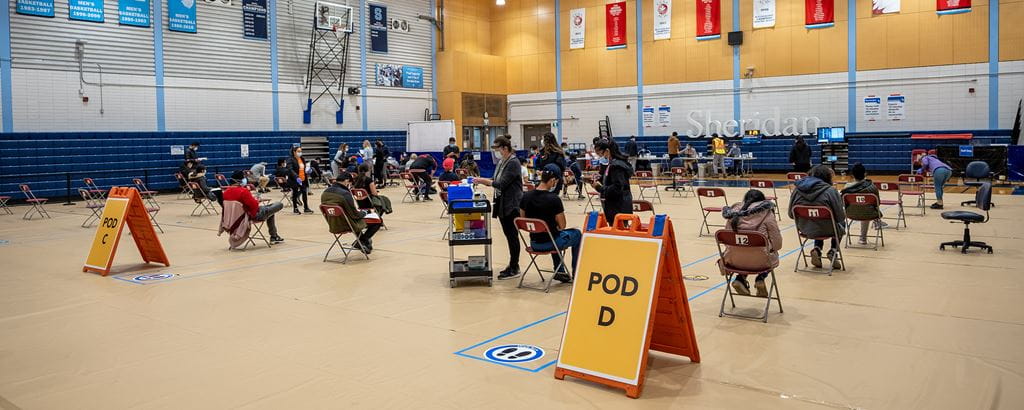 Gymnasium at Sheridan's Davis Campus with the vaccine set-up