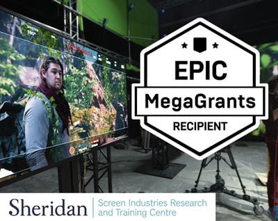 SIRT's sound stage in the background with EPIC MegaGrants Recipient text