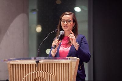 MPP for Mississauga Centre Natalia Kusendova addresses the audience during Sheridan's Youth Changemaker Summit