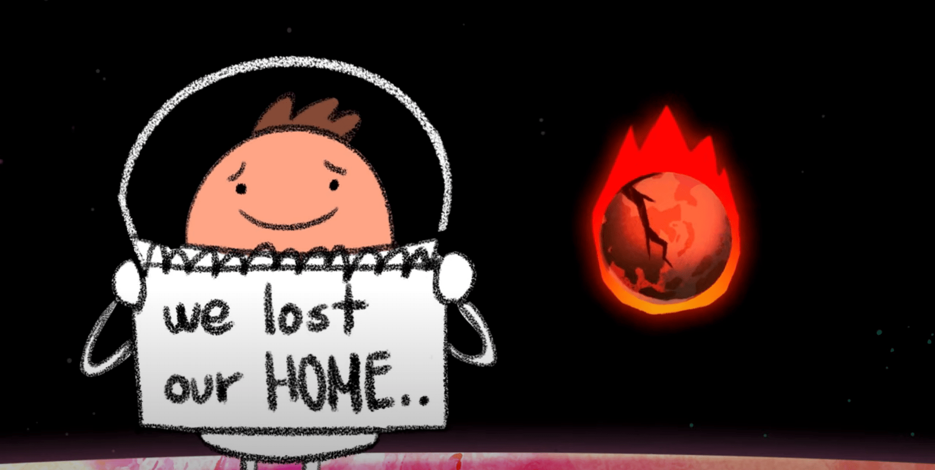 An alien holds up a sign saying 'we lost our HOME' while its home planet burns in the background