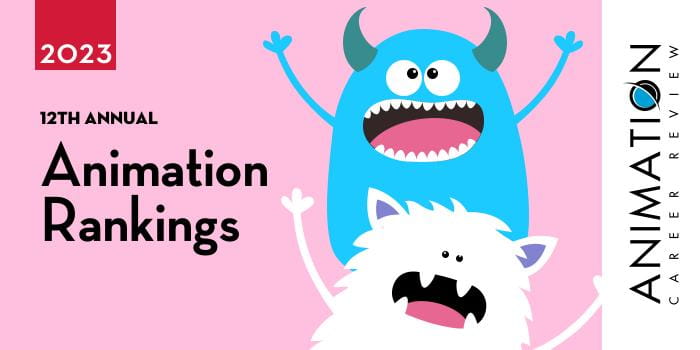 A drawing of two monsters highlight the logo for the 2023 Animation Career Review rankings