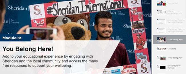 Sheridan’s mascot Bruno standing next to an international student during an event.