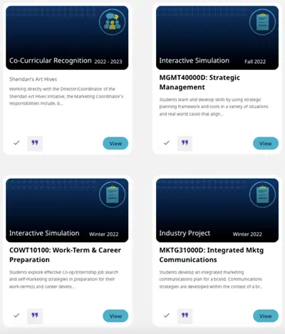 A screenshot of the Sheridan Works Career Catalyst Portfolio, showcasing various experiential learning initiatives completed by a student.