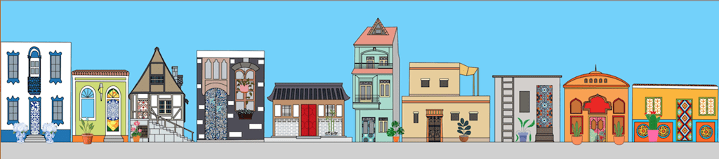 A streetscape of homes of different shapes and colours, representing a diverse and multicultural neighbourhood.