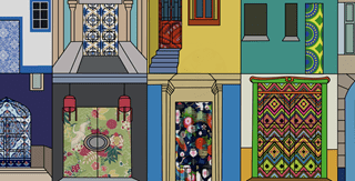 A collage of the fronts of various colourful homes, representing cultural differences.