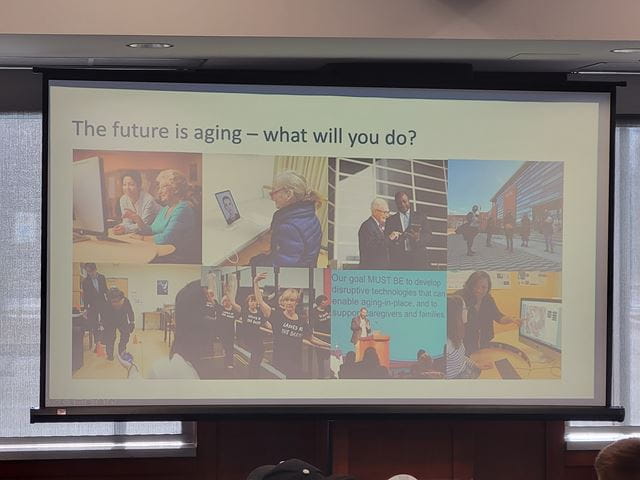 A screen presentation asking student the question: "The future is aging - what will you do?"