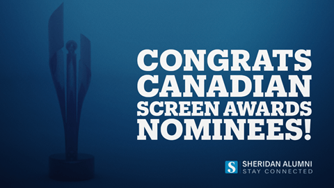 White text on blue background which says Congrats Canadian Screen Awards Nominees